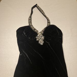 Betsy and Adam Dress Size 8 Little Black Dress Velvet Halter With Jewels